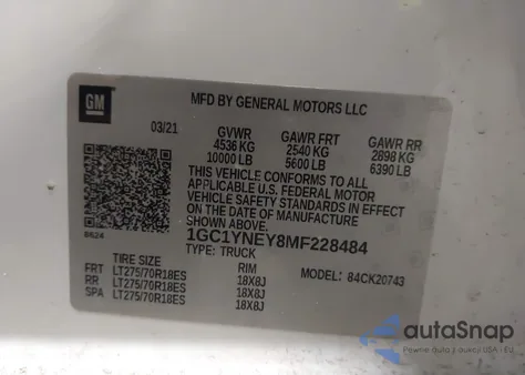 2021 Chevrolet Silverado 2500Hd 4Wd Standard Bed Lt z USA, uszkodzony, nr VIN 1GC1YNEY8MF228484